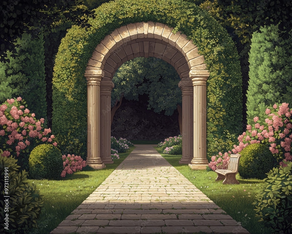 Fototapeta premium Stone Archway Pathway Through Lush Garden Perspective Low angle Composition Symmetrical Image Details Sunlight streaming through the archway Concept Tranquility and mystery
