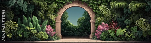 Jungle Gateway Stone archway framed by vibrant foliage leading to a hidden world digital illustration photo