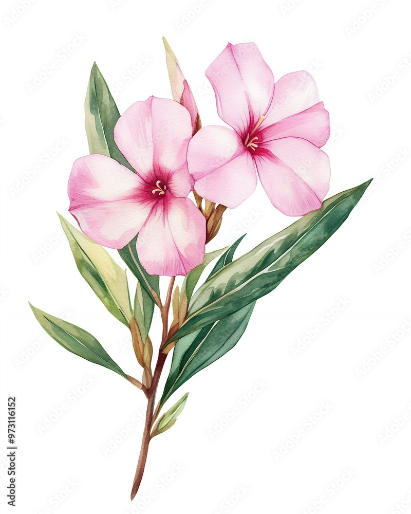 Obraz premium Delicate pink flowers bloom on a branch with lush green leaves.