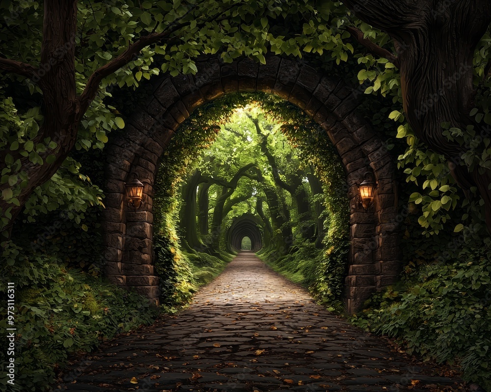 Stone Archway Leading to a Sunlit Forest Path A Dreamlike Perspective Through Lush Foliage Stone Archway Leading to a Sunlit Forest Path A Dreamlike Perspective Through Lush Foliage