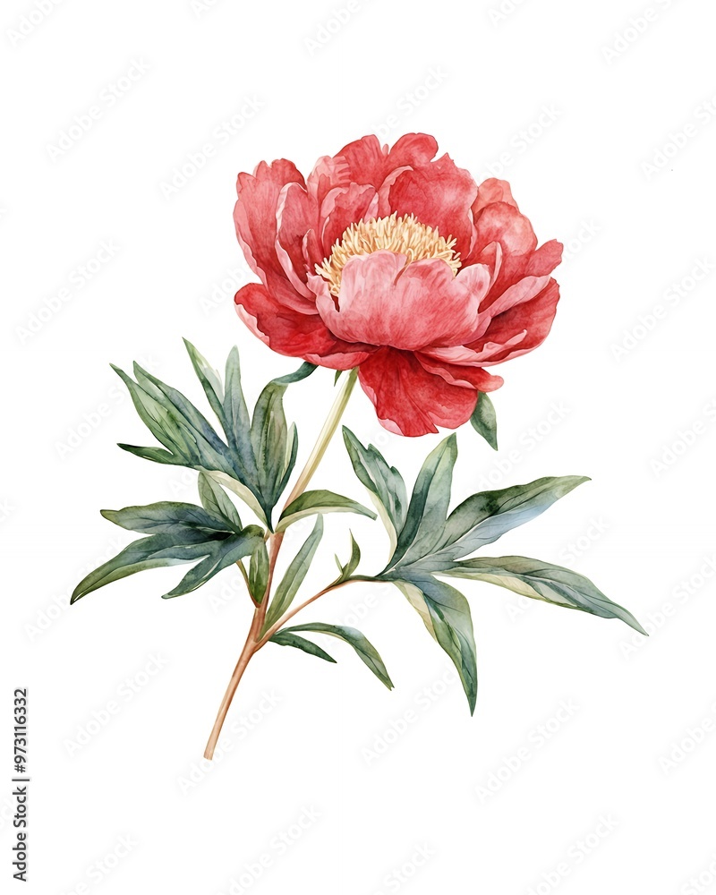Obraz premium A single pink peony flower with green leaves on a white background.