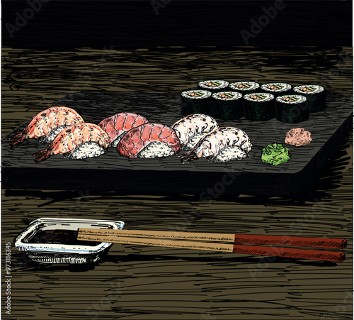 different types nigiri salmon, tuna, sepia, squid, luxury sushi dinneron big lava plate  dark delicious food asian japanees restaurant dish draw linear illustration isolated on white background
