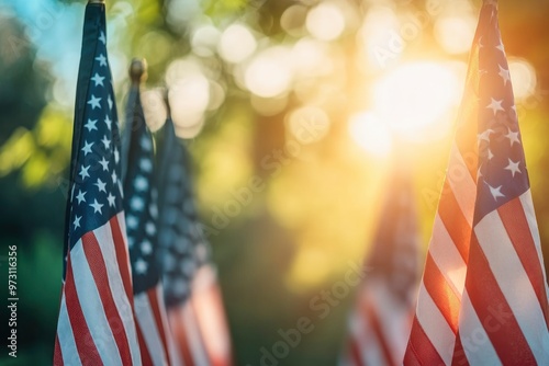 American Flags with Blurred Sky Background and Copy Space Patriotic Stock Photo with generative ai