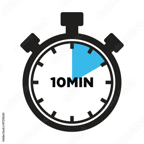 10 Minutes Timer Icon, Modern Flat Design. Clock, Stopwatch, Chronometer Showing ten Minutes Label. Cooking time, Countdown Indication.