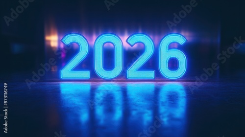 "2026" on an empty solid background with bright blue color, in a futuristic neon style. 32k, full ultra hd, high resolution