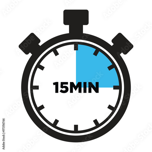 15 Minutes Timer Icon, Modern Flat Design. Clock, Stopwatch, Chronometer Showing Fifteen Minutes Label. Cooking time, Countdown Indication.