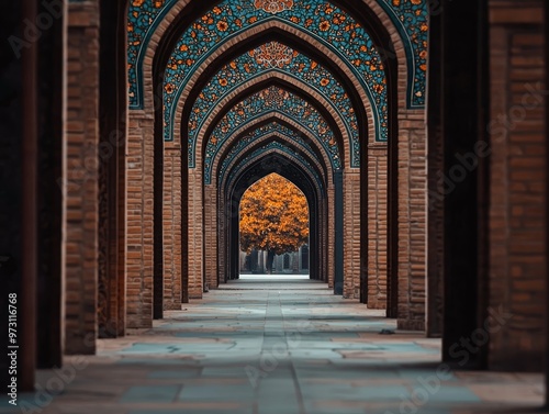 Autumn Light Through Ornate Arches A Low Perspective View of a BrickLined Pathway in a MosaicDecorated Courtyard photo