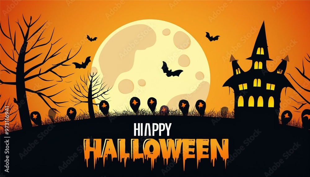 a spooky Halloween scene. In the foreground, there is a silhouette of a haunted house with multiple pointed roofs, set against a large, glowing full moon. Surrounding the house are bare trees and a da a spooky Halloween scene. In the foreground, there is a silhouette of a haunted house with multiple pointed roofs, set against a large, glowing full moon. Surrounding the house are bare trees and a da