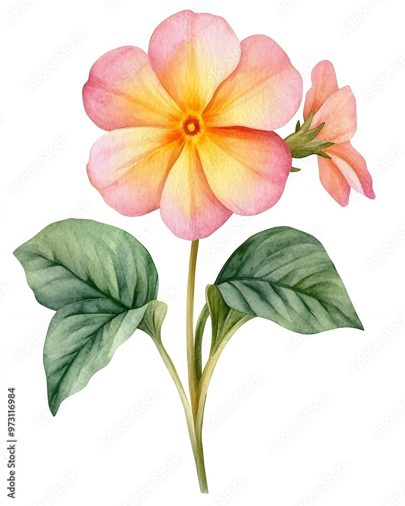 A delicate pink and yellow flower with green leaves, painted in watercolor. A delicate pink and yellow flower with green leaves, painted in watercolor.