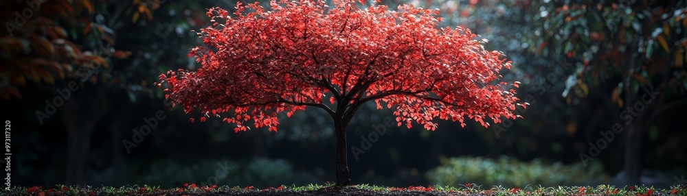 Crimson Canopy A LowAngle Perspective of a Solitary RedLeafed Tree Against a Dark Forest Background Crimson Canopy A LowAngle Perspective of a Solitary RedLeafed Tree Against a Dark Forest Background