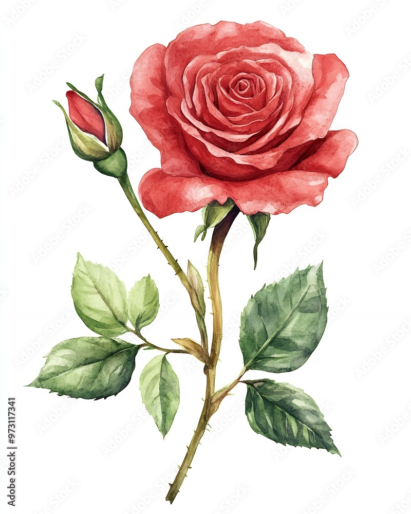 Watercolor painting of a single red rose with green leaves. Watercolor painting of a single red rose with green leaves.