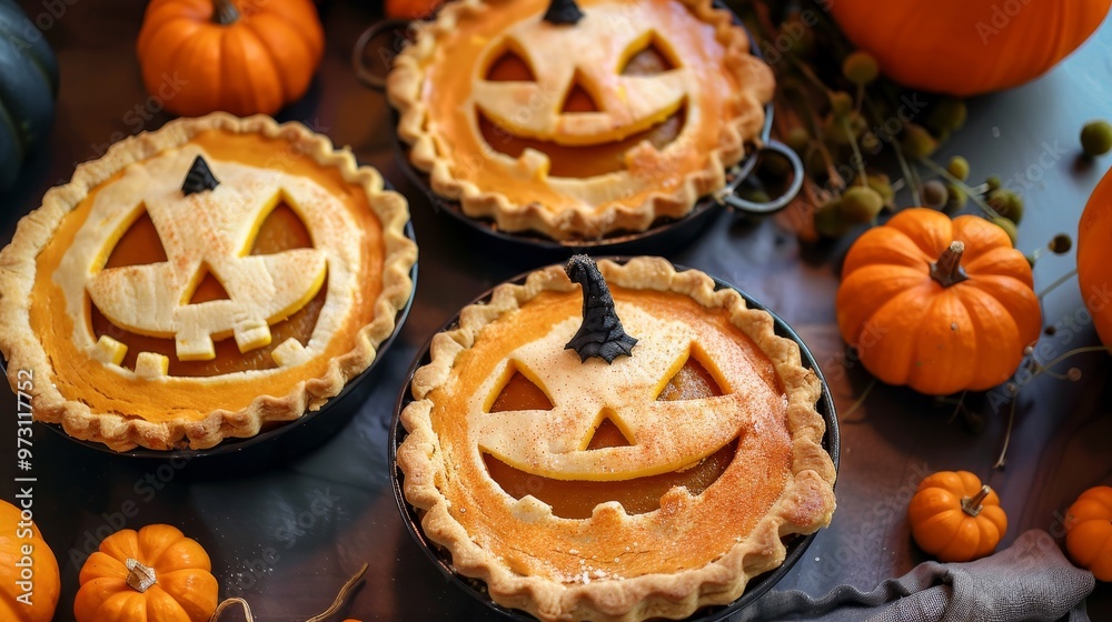 Enjoy Halloweenthemed pumpkin pies with charming jackolantern designs and vibrant autumn pumpkins Enjoy Halloweenthemed pumpkin pies with charming jackolantern designs and vibrant autumn pumpkins