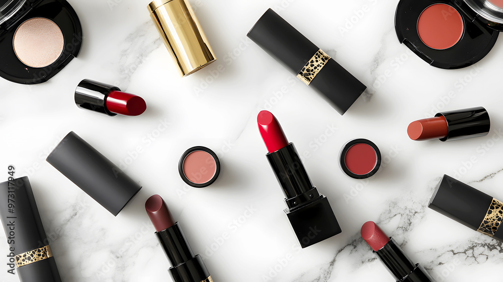 Obraz premium flat lay of various matte lipsticks in different shades, arranged on a marble countertop with complementary makeup