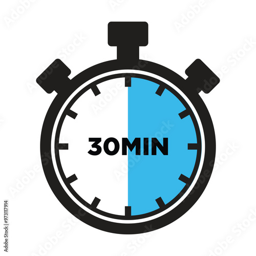 30 Minutes Timer Icon, Modern Flat Design. Clock, Stopwatch, Chronometer Showing thirty Minutes Label. Cooking time, Countdown Indication.