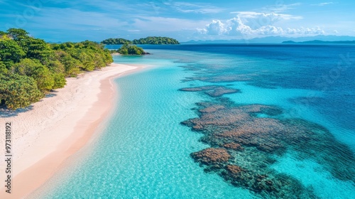 Idyllic Remote Beach with Crystal-Clear Waters, Colorful Coral Reefs, and Distant Islands