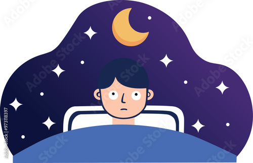 Young man unable to sleep lying awake and thinking with eyes open at night in bedroom. Insomnia vector illustration