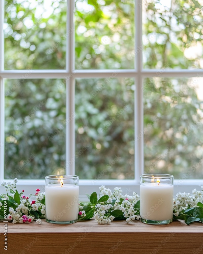 Serene Daylight Scene of Flower Candles on Windowsill Celebrating International Women’s Day Serene Daylight Scene of Flower Candles on Windowsill Celebrating International Women’s Day