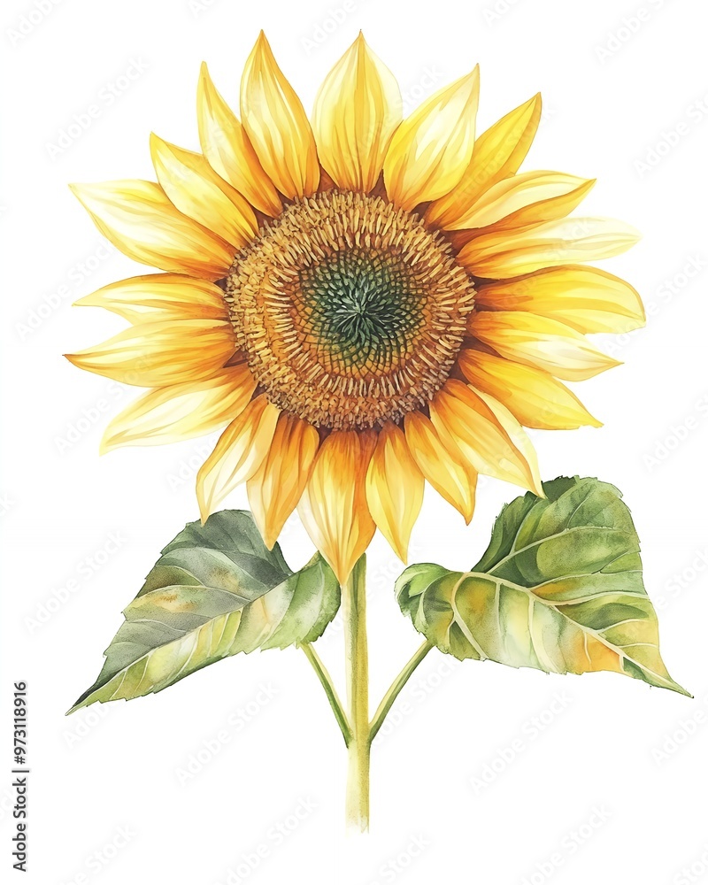 Obraz premium A vibrant sunflower with its bright yellow petals and dark green leaves.