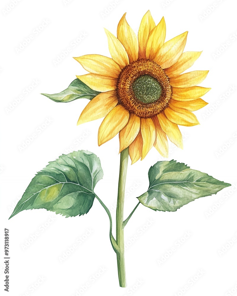 Fototapeta premium A vibrant sunflower with yellow petals and a green center, painted in a watercolor style.