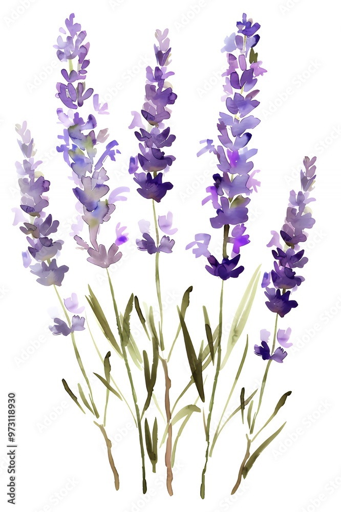 Fototapeta premium Watercolor illustration of purple lavender flowers with green stems isolated on a white background.