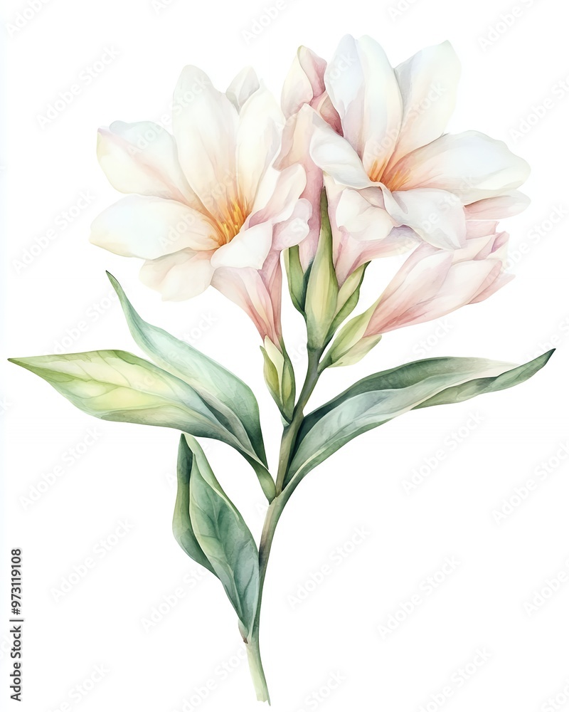 Delicate white flowers with a hint of pink bloom on a stem with lush green leaves. Delicate white flowers with a hint of pink bloom on a stem with lush green leaves.