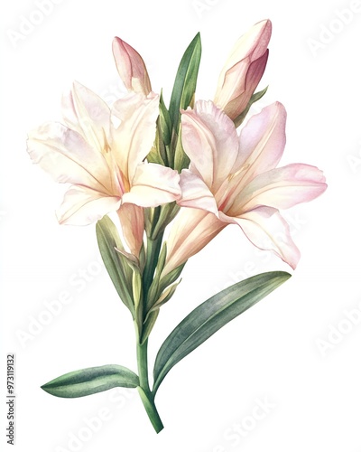 Delicate peach and white flowers with green leaves isolated on white background.