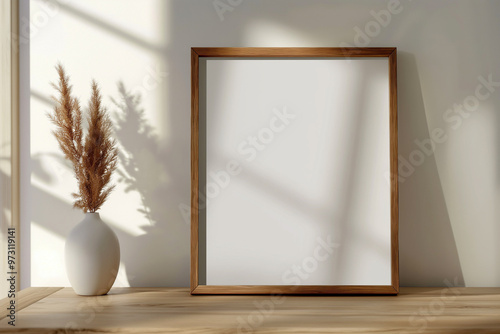 Minimalist home office interior with blank canvas frame mockup on the wall