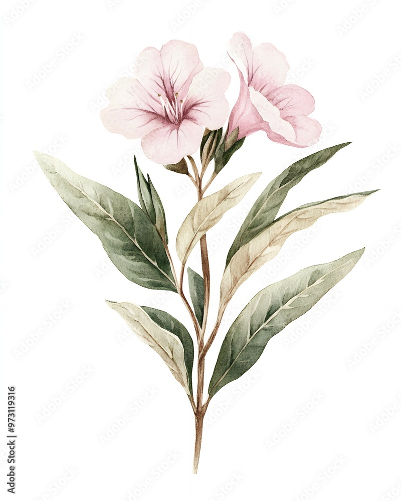 Delicate pink flowers with green leaves against a white background. Delicate pink flowers with green leaves against a white background.