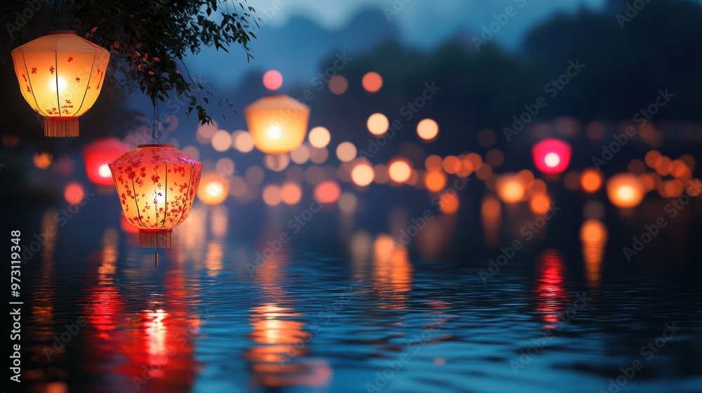 Colorful lanterns floating in the river during chinese new year festival Colorful lanterns floating in the river during chinese new year festival