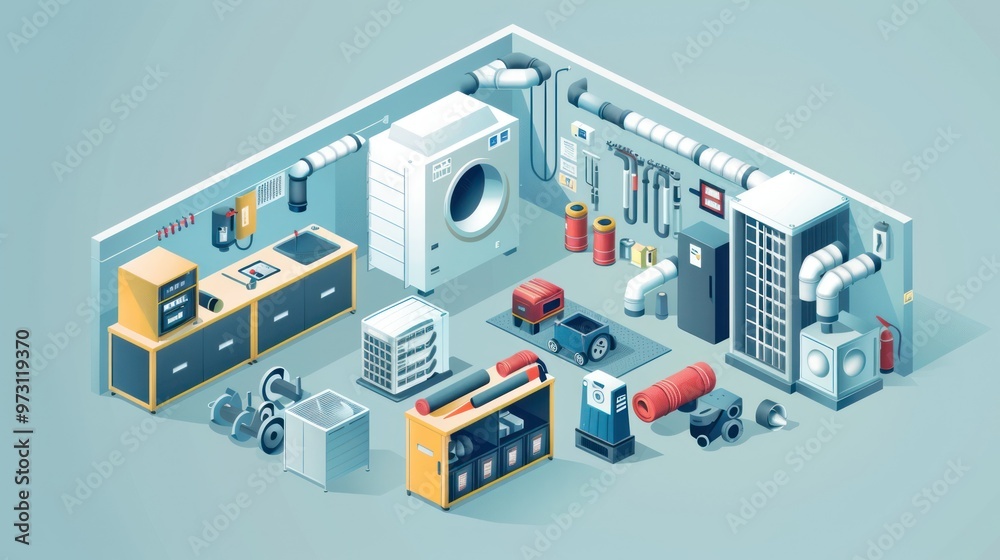 Isometric Illustration of a Basement Workshop