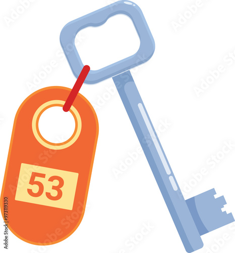 Metal key with an orange key fob hanging from it, showing the number 53