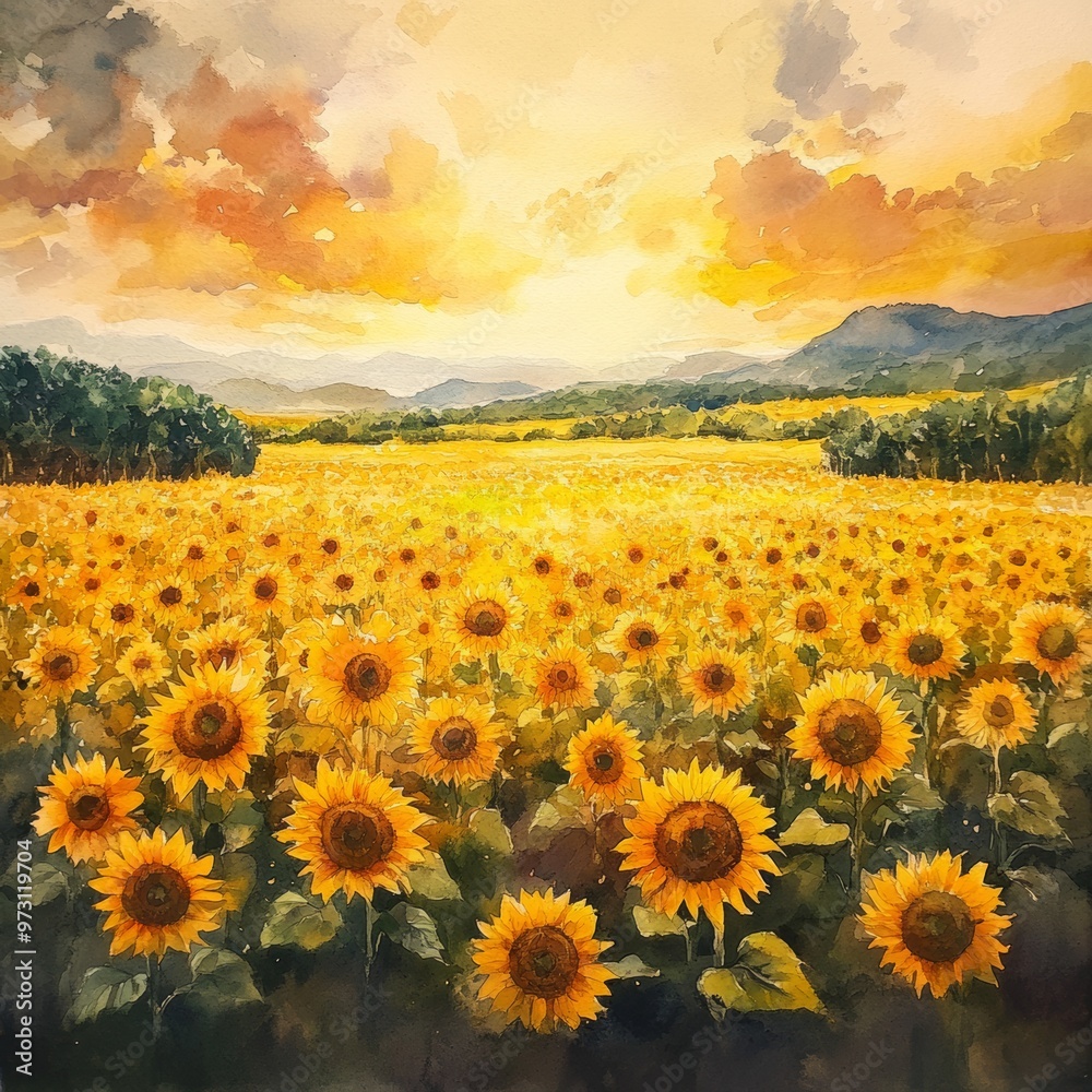 Obraz premium Watercolor Sunset Landscape with Sunflower Field
