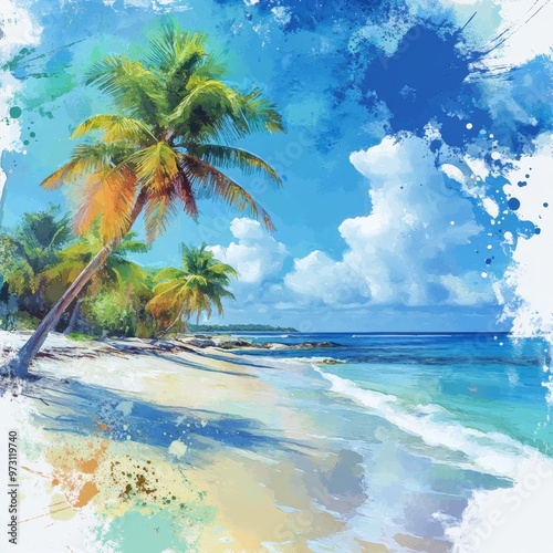 Tropical Beach Landscape with Palm Trees and Blue Sky Watercolor Painting