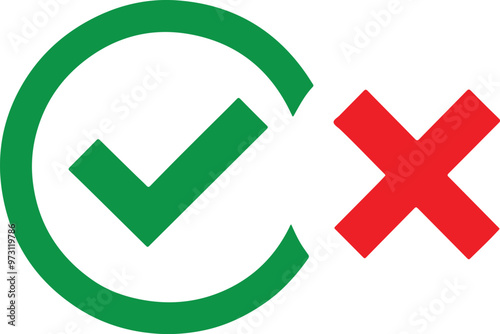 "A clean and minimal vector illustration featuring two symbols: a green checkmark and a red cross icon. The green checkmark is bold, smooth, and simple, symbolizing success or approval, while the red 