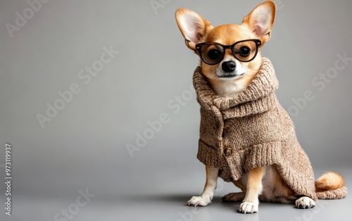 Dog in sunglasses stylish and fashionable clothes fashionable look dog isolated on clear gray background photo