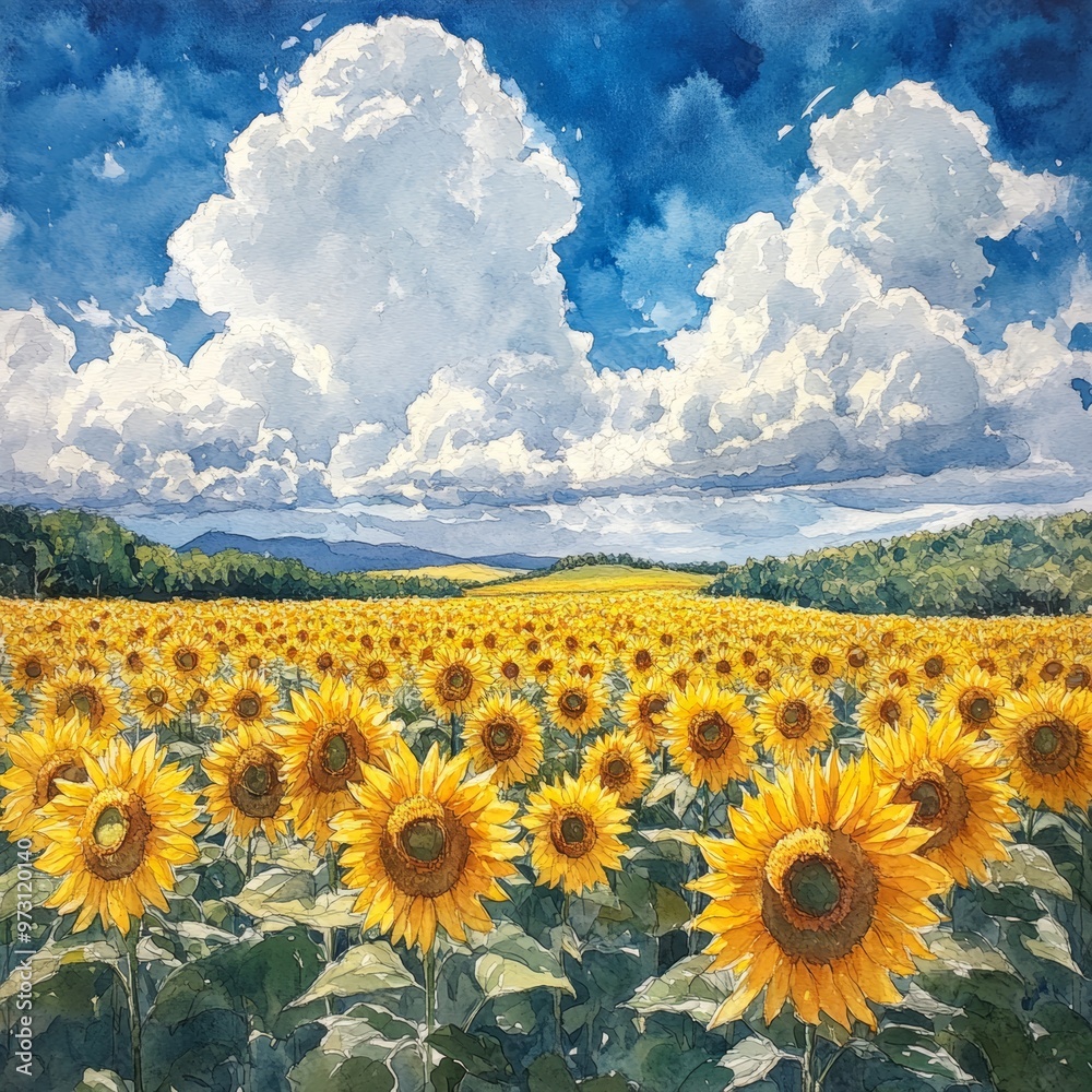 Obraz premium Watercolor Painting of a Sunflowers Field with Blue Sky and Clouds