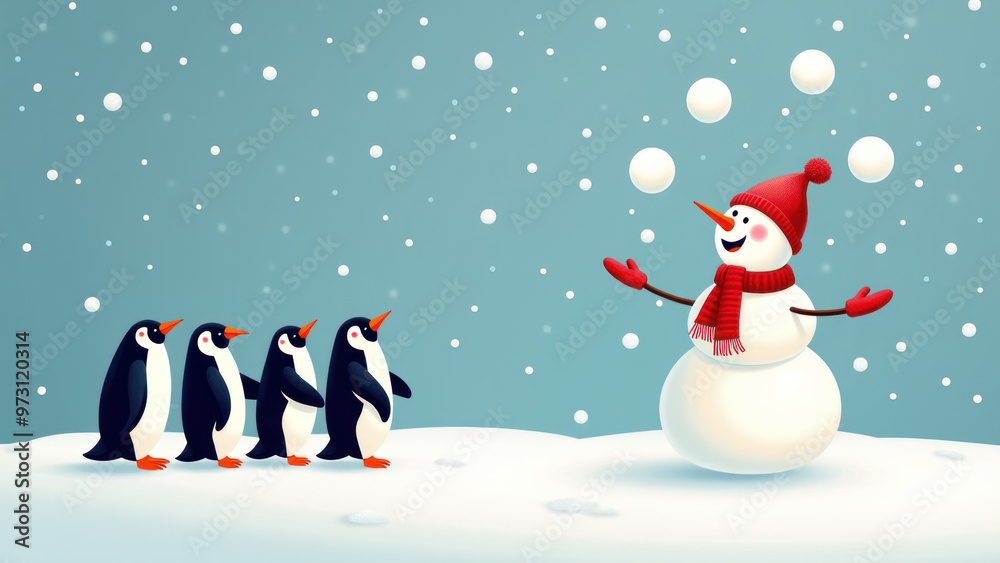 Snowman juggling snowballs with penguins