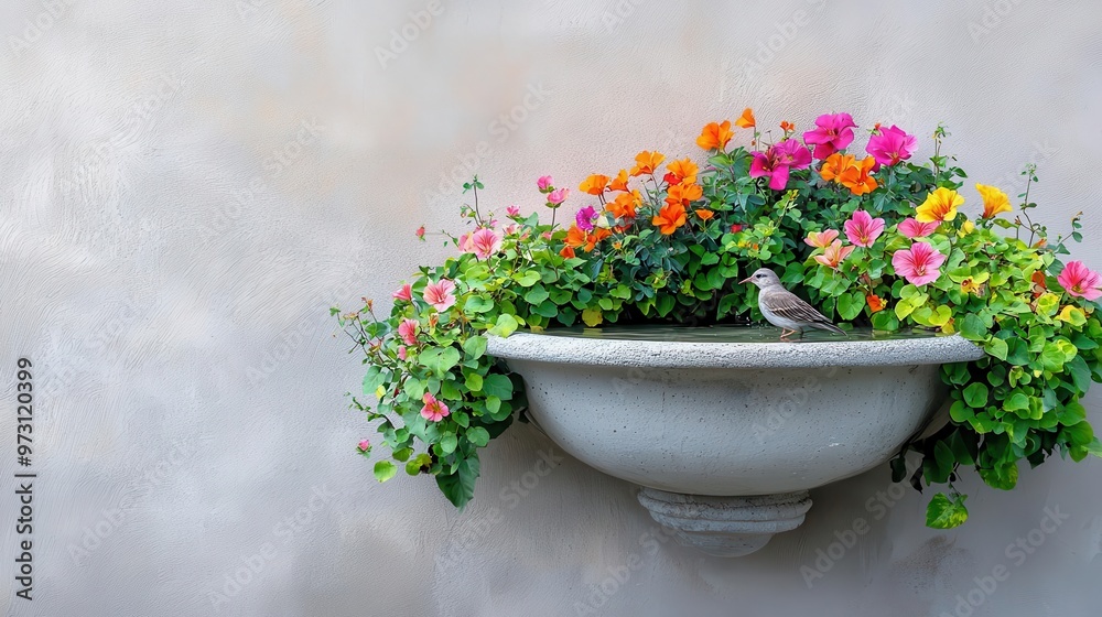 A weathered stone fountain surrounded by wildflowers and vines, with birds bathing in the water stone fountain, botanical, wildlife scene A weathered stone fountain surrounded by wildflowers and vines, with birds bathing in the water stone fountain, botanical, wildlife scene