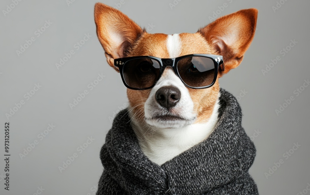 Dog in sunglasses stylish and fashionable clothes fashionable look dog isolated on clear gray background photo Dog in sunglasses stylish and fashionable clothes fashionable look dog isolated on clear gray background photo