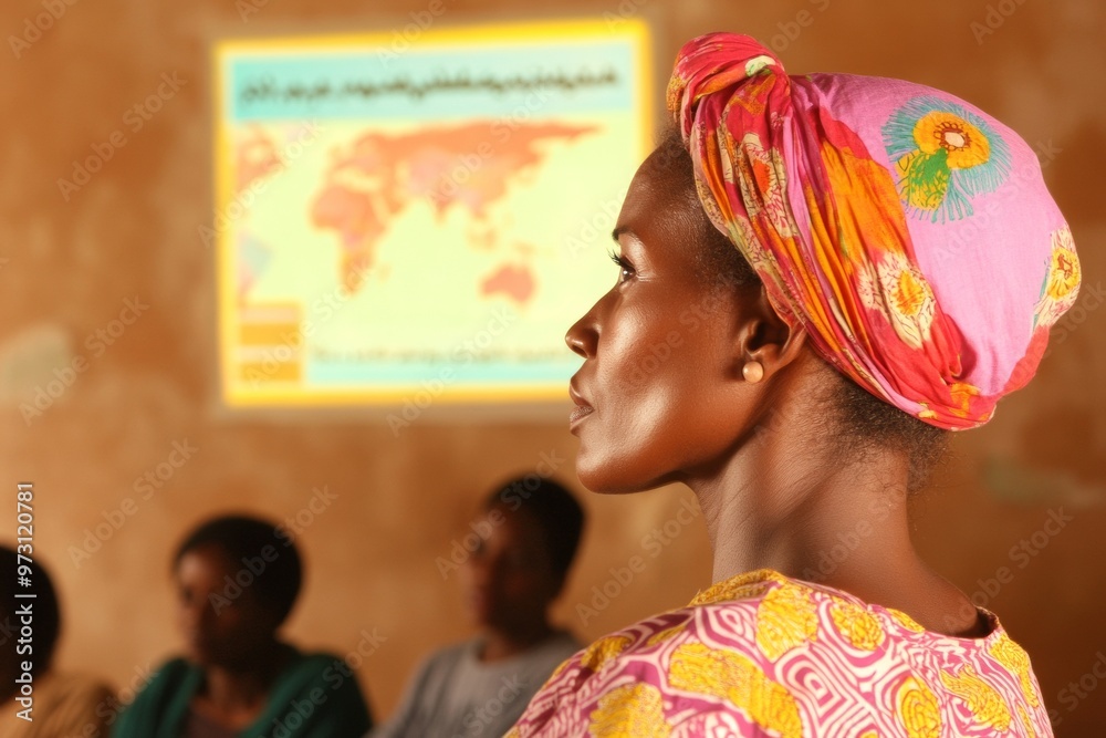 Fototapeta premium Serious Community Meeting on Monkeypox Prevention Diverse Group of Adults in Town Hall with Healthcare Worker Presenting Spread Maps