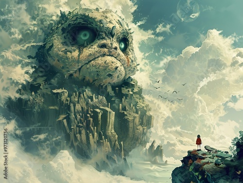 A lone figure stands on a cliff, gazing up at a massive, grotesque stone giant head emerging from the clouds.