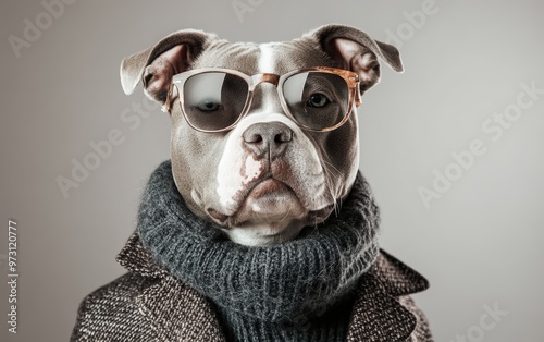 Dog in sunglasses stylish and fashionable clothes fashionable look dog isolated on clear gray background photo