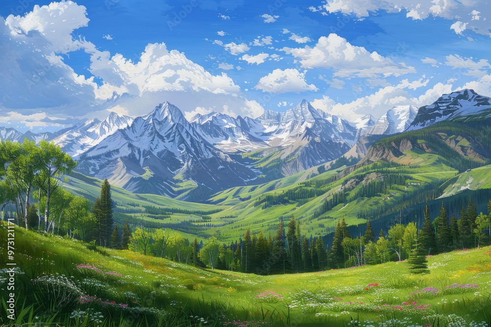 A beautiful mountain landscape with a large green field in the foreground A beautiful mountain landscape with a large green field in the foreground