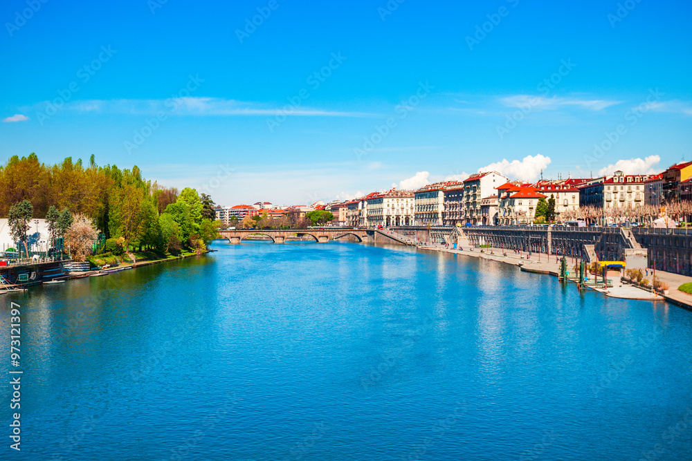 Obraz premium Po river aerial panoramic view, Turin