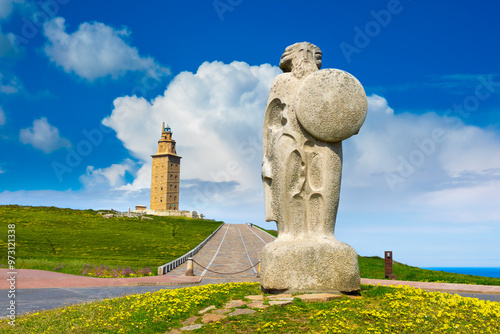 Statue of Breogan, the mythical Celtic king from Galicia located near the Tower of Hercules, A Coruna, Galicia, Spain photo