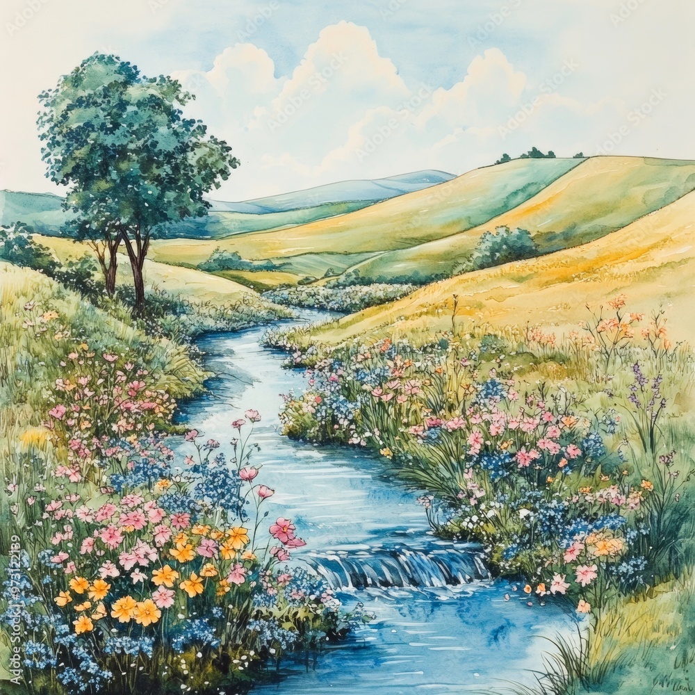 Naklejka premium Watercolor Painting of a Stream Through a Summer Meadow