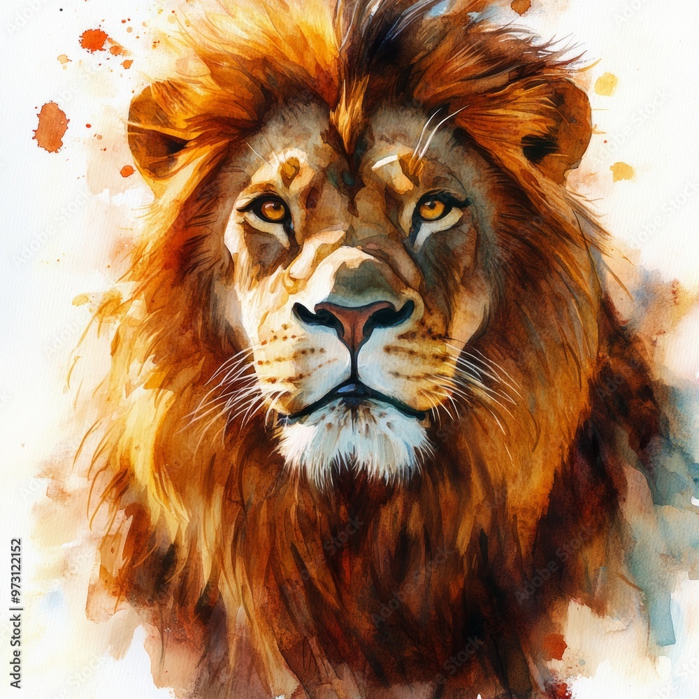 Naklejka premium Majestic Lion Watercolor Painting Wildlife Art Portrait Close up Animal