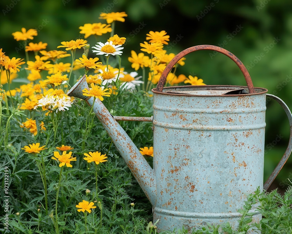 A rusty watering can nestled among tall wildflowers, creating a scene of peaceful, forgotten beauty watering can, botanical, overgrown garden A rusty watering can nestled among tall wildflowers, creating a scene of peaceful, forgotten beauty watering can, botanical, overgrown garden
