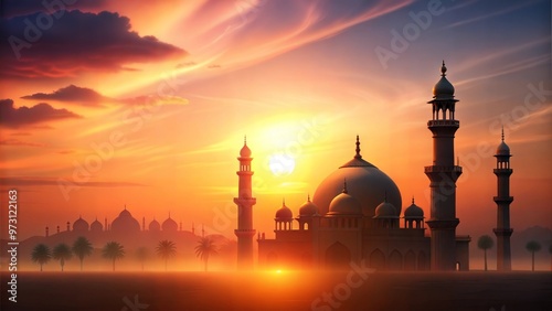 Silhouette of a grand mosque against a colorful sunset backdrop with palm trees photo