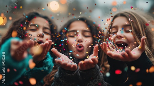 Kids blowing confetti from hands. Friends celebrating outdoors in evening at a terrace. photo